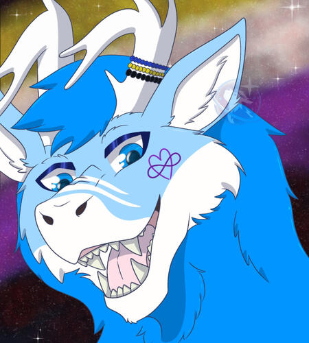 Bwee with a nonbinary pride flag design in the background